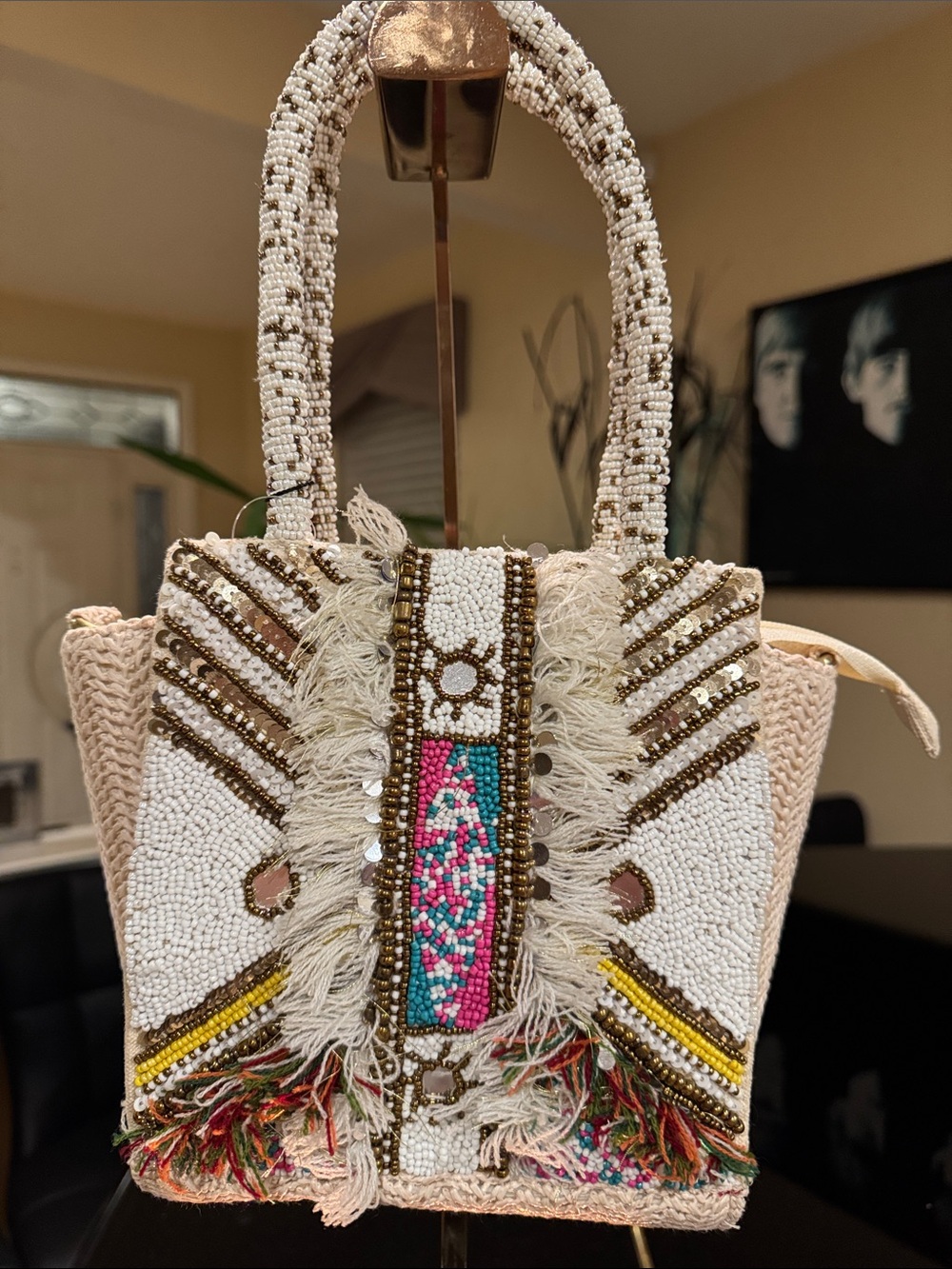 Beaded Fringe Embellished Women’s Tote Bag in White and Gold